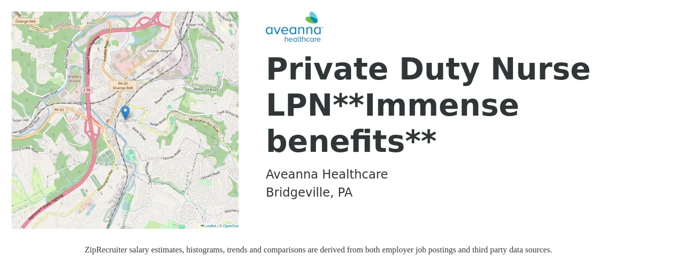 Aveanna Healthcare job posting for a Private Duty Nurse LPN**Immense benefits** in Bridgeville, PA with a salary of $24 to $32 Hourly with a map of Bridgeville location.
