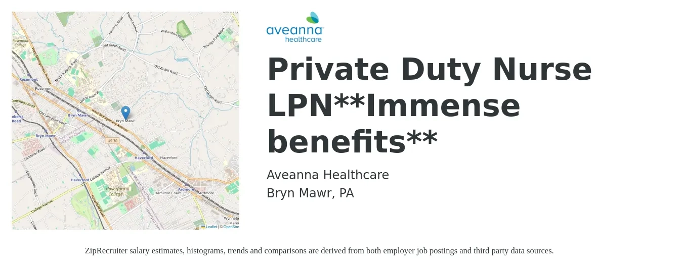Aveanna Healthcare job posting for a Private Duty Nurse LPN**Immense benefits** in Bryn Mawr, PA with a salary of $22 to $29 Hourly with a map of Bryn Mawr location.