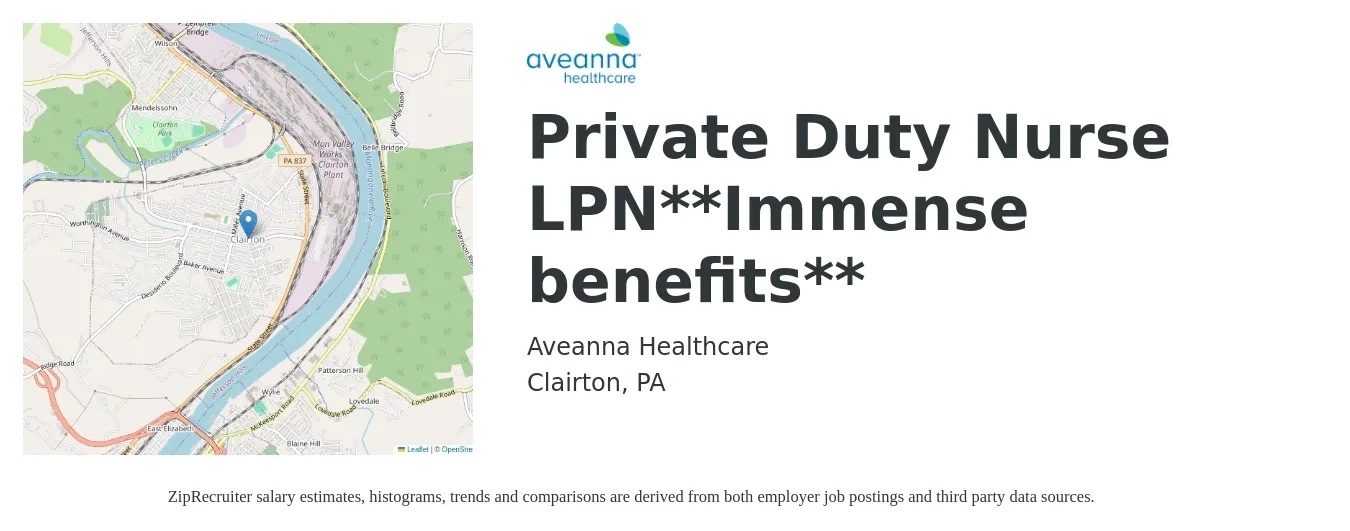 Aveanna Healthcare job posting for a Private Duty Nurse LPN**Immense benefits** in Clairton, PA with a salary of $22 to $30 Hourly with a map of Clairton location.