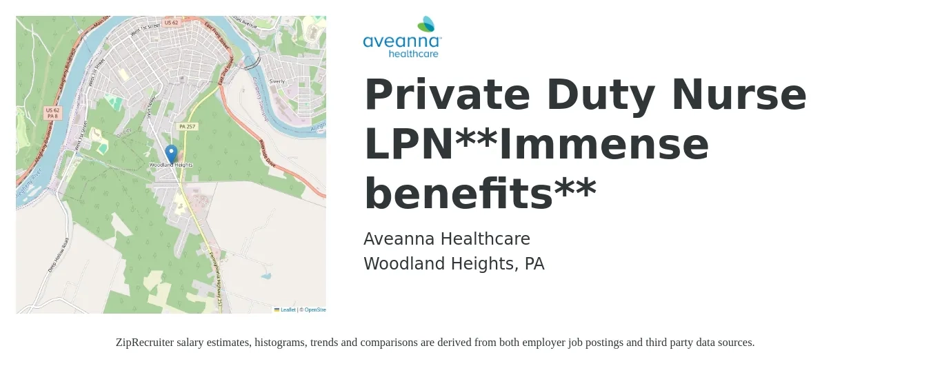 Aveanna Healthcare job posting for a Private Duty Nurse LPN**Immense benefits** in Woodland Heights, PA with a salary of $24 to $32 Hourly with a map of Woodland Heights location.