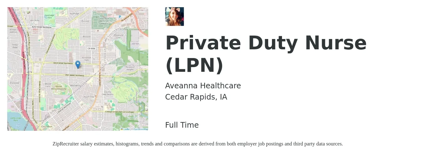 Aveanna Healthcare job posting for a Private Duty Nurse (LPN) in Cedar Rapids, IA with a salary of $25 to $34 Hourly with a map of Cedar Rapids location.