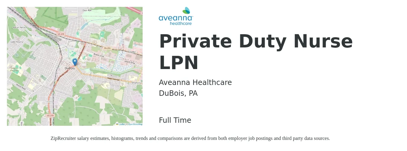 Aveanna Healthcare job posting for a Private Duty Nurse LPN in DuBois, PA with a salary of $21 to $23 Hourly with a map of DuBois location.