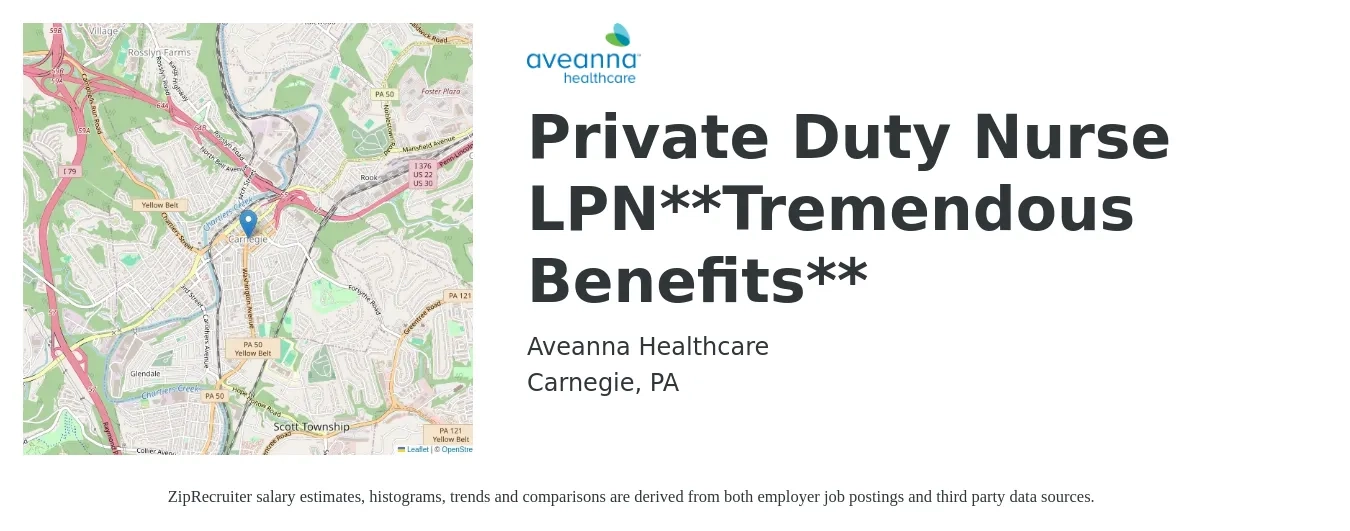 Aveanna Healthcare job posting for a Private Duty Nurse LPN**Tremendous Benefits** in Carnegie, PA with a map of Carnegie location.