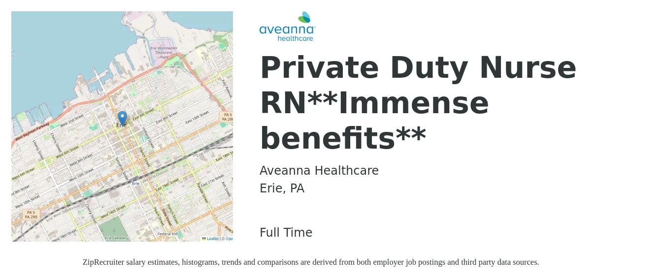 Aveanna Healthcare job posting for a Private Duty Nurse RN**Immense benefits** in Erie, PA with a salary of $27 to $34 Hourly with a map of Erie location.