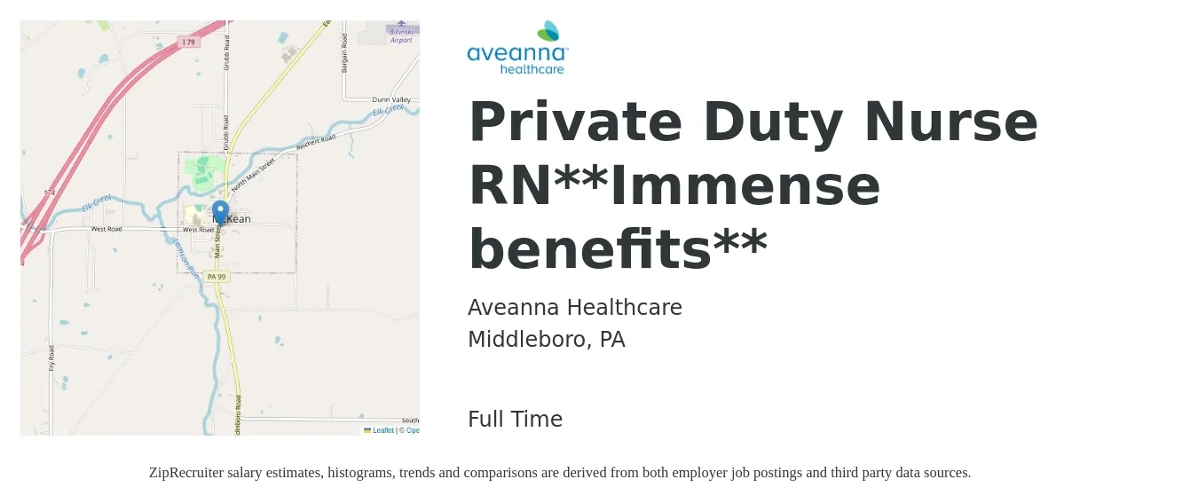 Aveanna Healthcare job posting for a Private Duty Nurse RN**Immense benefits** in Middleboro, PA with a salary of $26 to $33 Hourly with a map of Middleboro location.