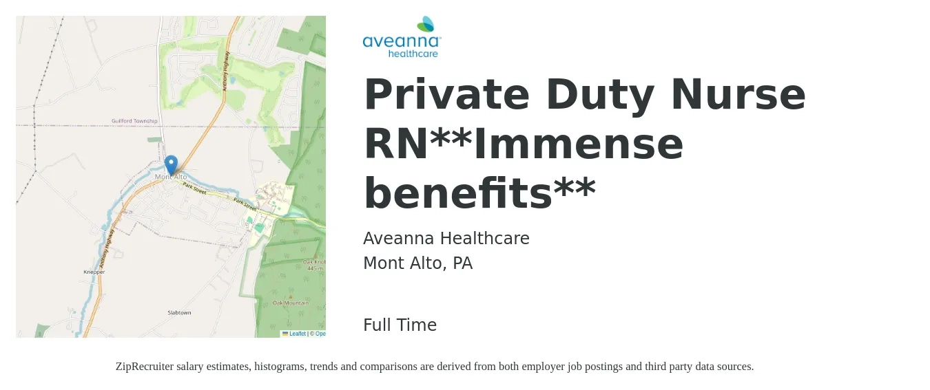 Aveanna Healthcare job posting for a Private Duty Nurse RN**Immense benefits** in Mont Alto, PA with a salary of $27 to $35 Hourly with a map of Mont Alto location.