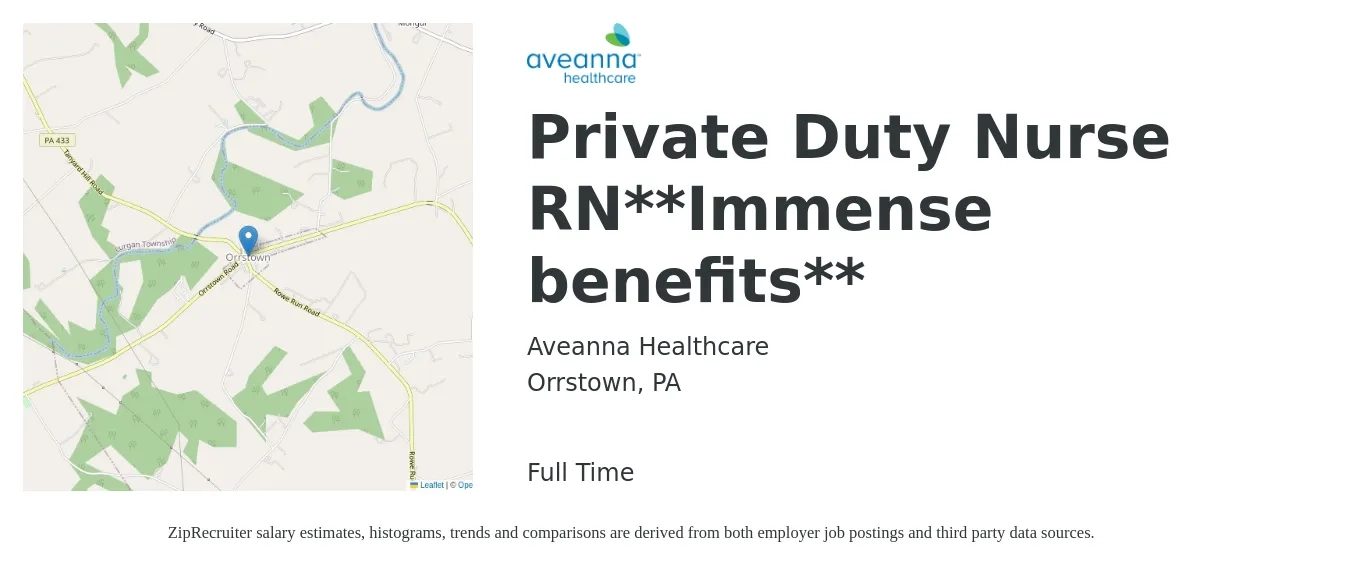 Aveanna Healthcare job posting for a Private Duty Nurse RN**Immense benefits** in Orrstown, PA with a salary of $28 to $36 Hourly with a map of Orrstown location.