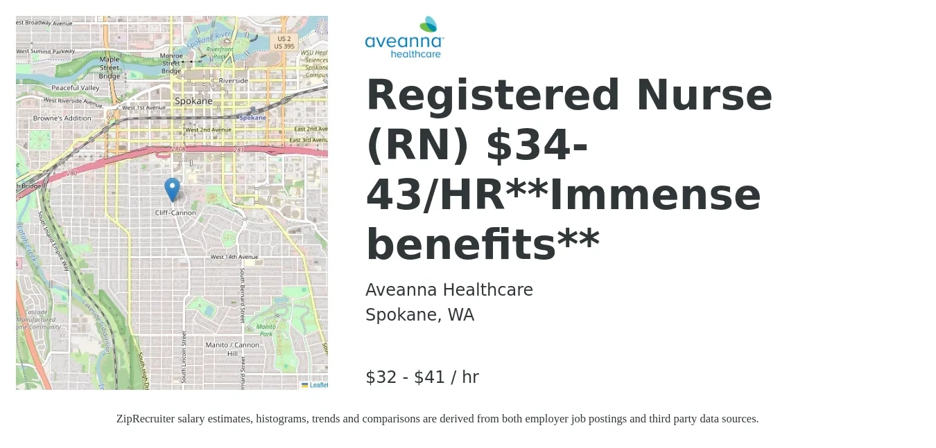 Aveanna Healthcare job posting for a Registered Nurse (RN) $34-43/HR**Immense benefits** in Spokane, WA with a salary of $34 to $43 Hourly with a map of Spokane location.
