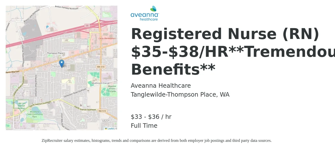 Aveanna Healthcare job posting for a Registered Nurse (RN) $35-$38/HR**Tremendous Benefits** in Tanglewilde-Thompson Place, WA with a salary of $35 to $38 Hourly with a map of Tanglewilde-Thompson Place location.