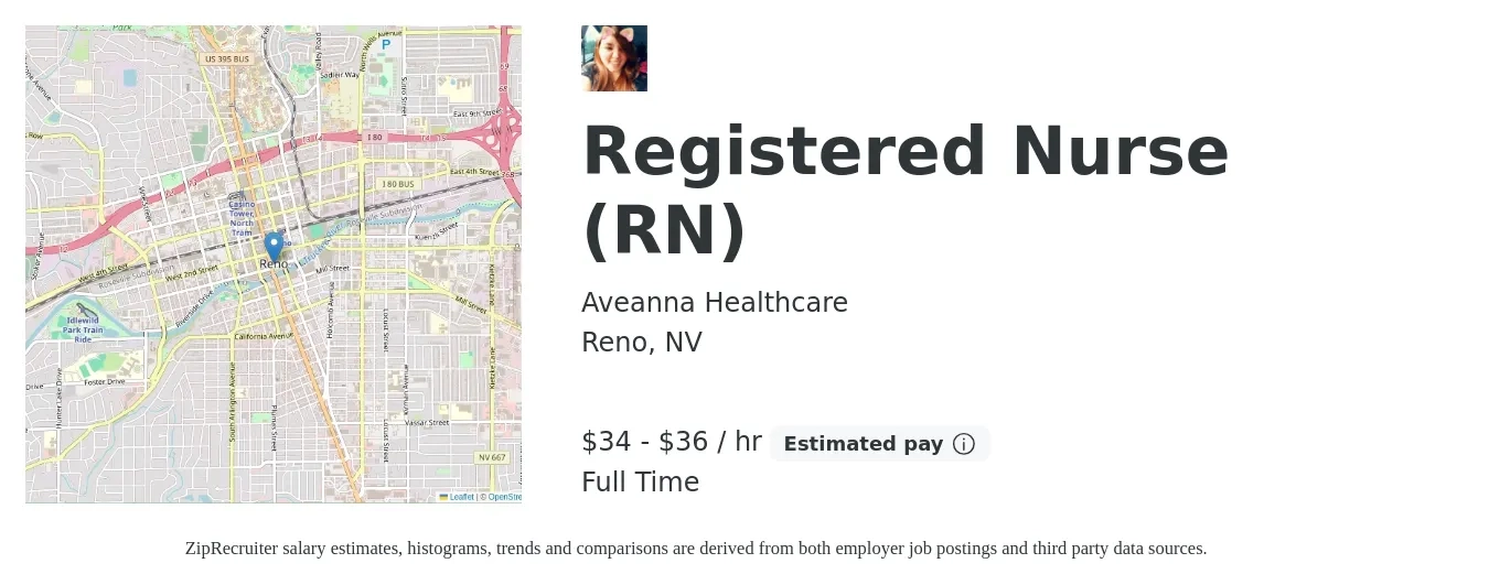 Aveanna Healthcare job posting for a Registered Nurse (RN) in Reno, NV with a salary of $36 to $38 Hourly with a map of Reno location.