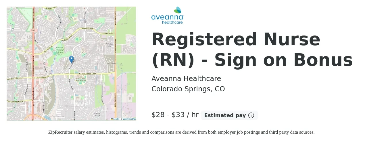Aveanna Healthcare job posting for a Registered Nurse (RN) - Sign on Bonus in Colorado Springs, CO with a salary of $30 to $35 Hourly with a map of Colorado Springs location.