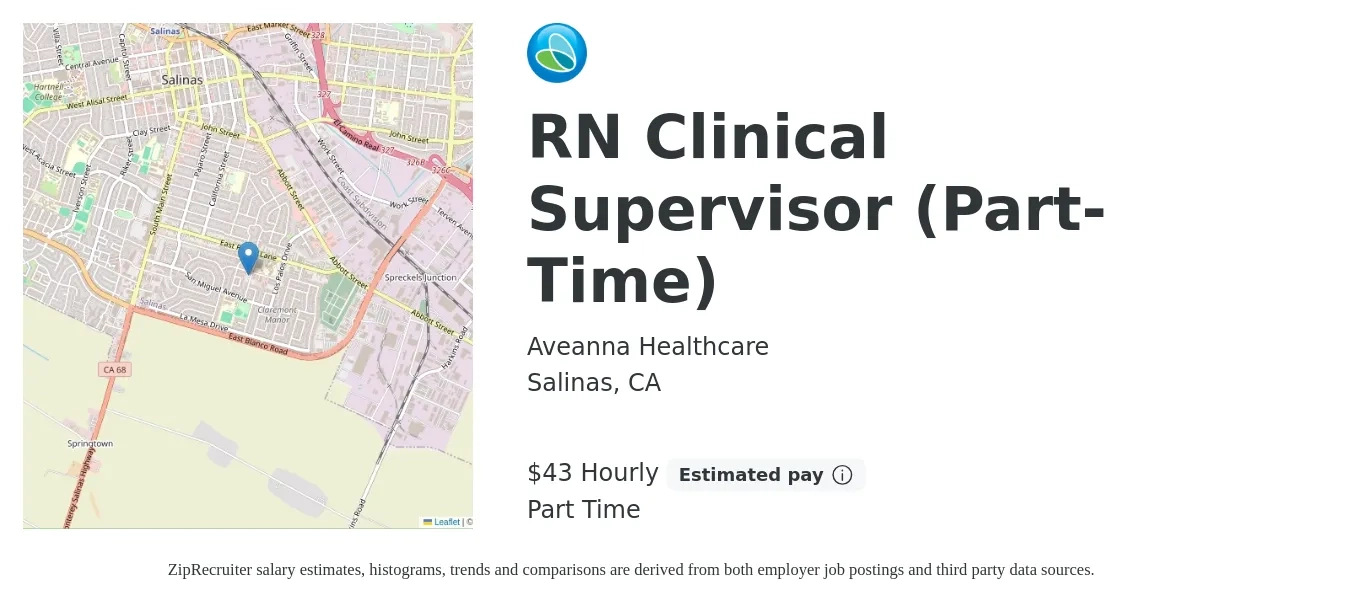 Aveanna Healthcare job posting for a RN Clinical Supervisor (Part-Time) in Salinas, CA with a salary of $45 Hourly with a map of Salinas location.