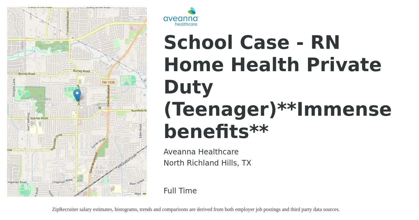 Aveanna Healthcare job posting for a School Case - RN Home Health Private Duty (Teenager)**Immense benefits** in North Richland Hills, TX with a salary of $32 to $52 Hourly with a map of North Richland Hills location.