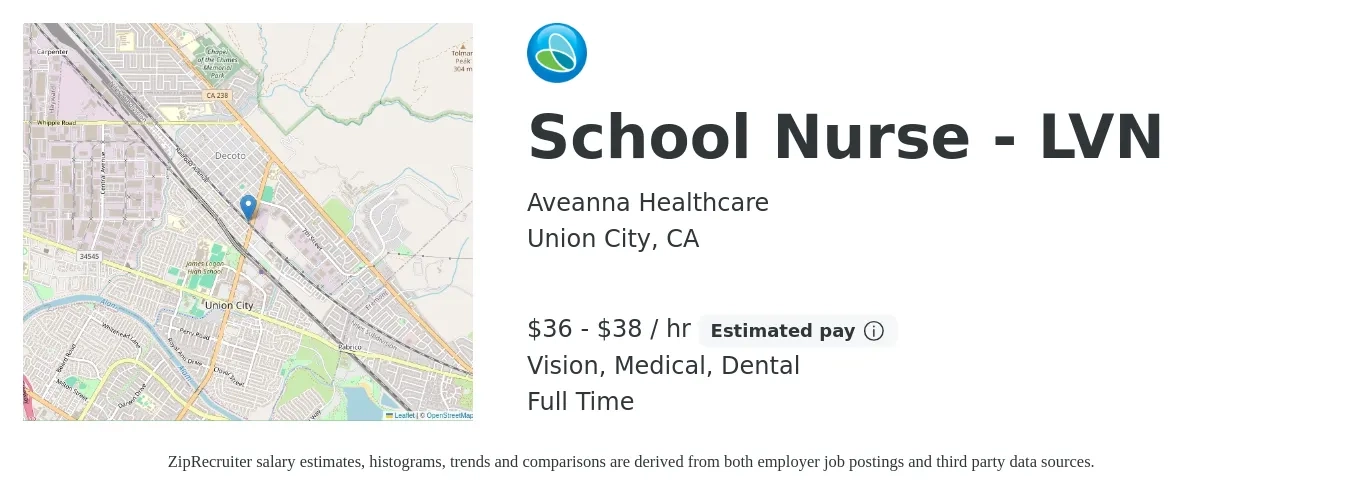 Aveanna Healthcare job posting for a School Nurse - LVN in Union City, CA with a salary of $40 to $45 Hourly and benefits including retirement, vision, dental, life_insurance, and medical with a map of Union City location.