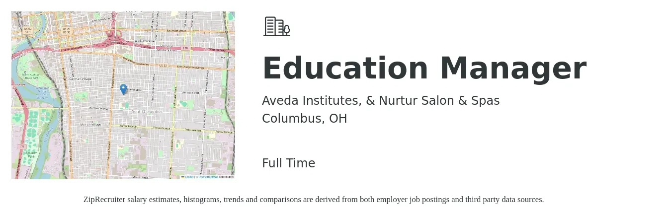 Aveda Institutes, & Nurtur Salon & Spas job posting for a Education Manager in Columbus, OH with a salary of $47,700 to $79,300 Yearly with a map of Columbus location.