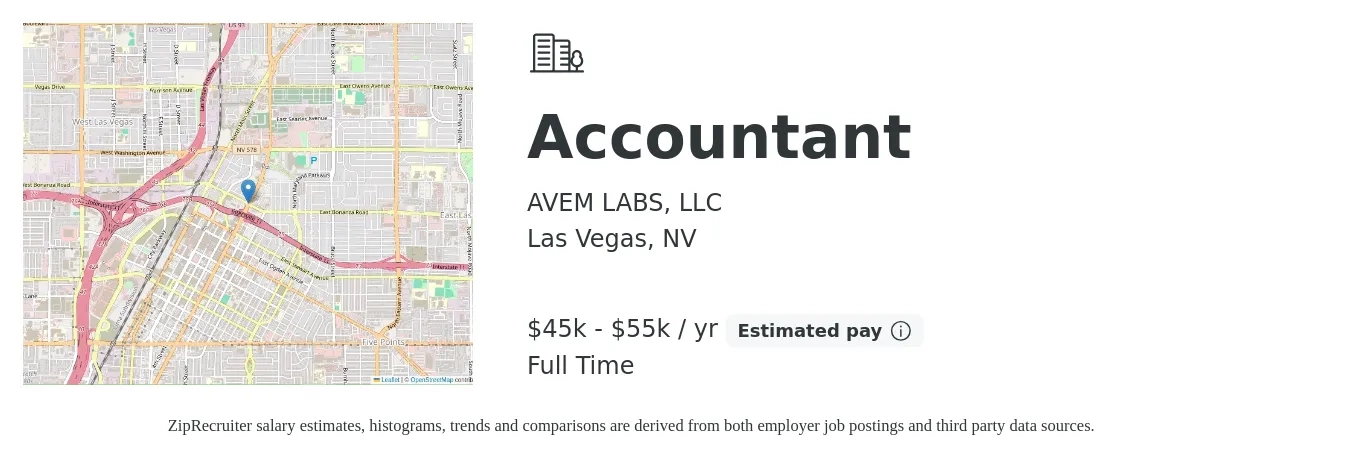 AVEM LABS, LLC job posting for a Accountant in Las Vegas, NV with a salary of $45,000 to $55,000 Yearly with a map of Las Vegas location.