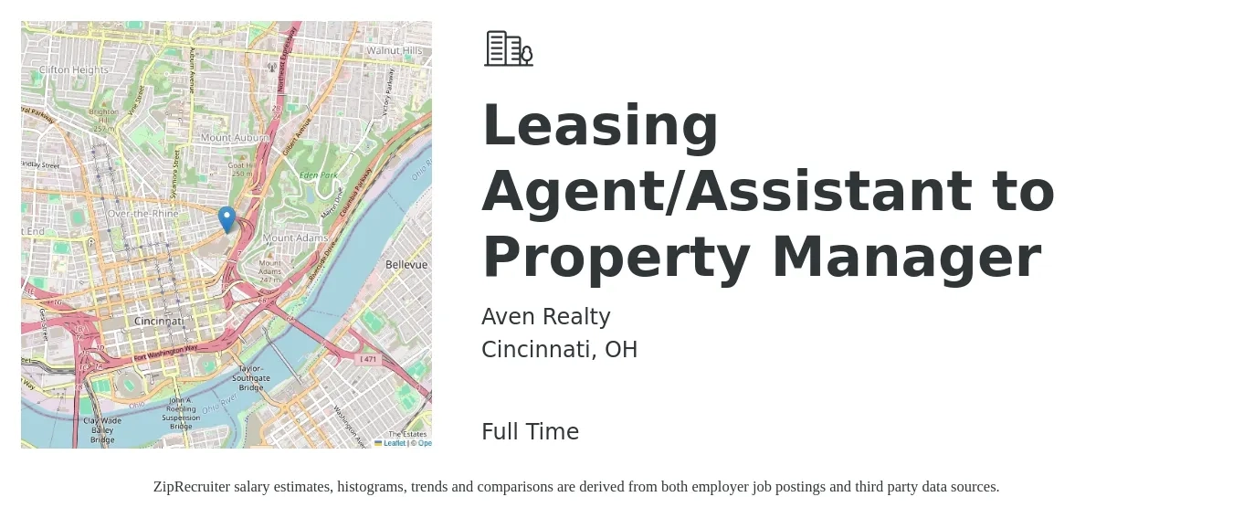 Aven Realty job posting for a Leasing Agent/Assistant to Property Manager in Cincinnati, OH with a salary of $17 Hourly with a map of Cincinnati location.