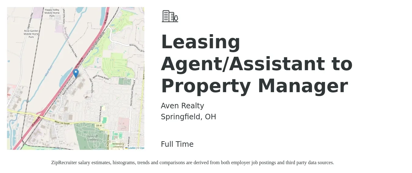 Aven Realty job posting for a Leasing Agent/Assistant to Property Manager in Springfield, OH with a salary of $15 to $18 Hourly with a map of Springfield location.