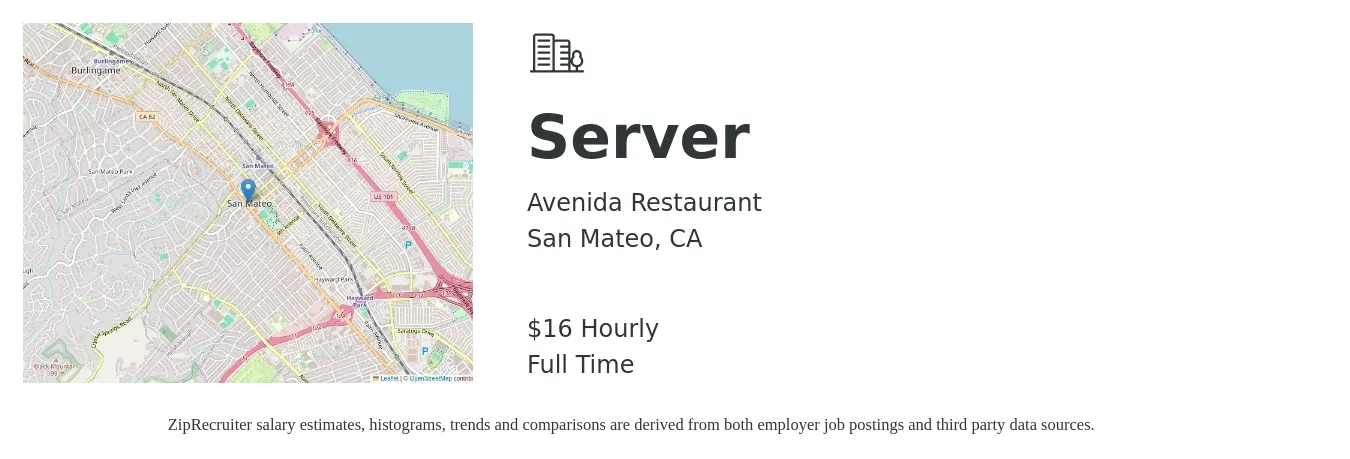 Avenida Restaurant job posting for a Server in San Mateo, CA with a salary of $17 Hourly with a map of San Mateo location.