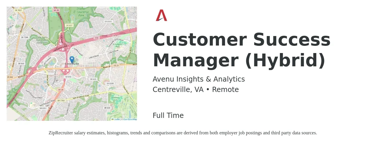 Avenu Insights & Analytics job posting for a Customer Success Manager (Hybrid) in Centreville, VA with a salary of $59,000 to $98,100 Yearly with a map of Centreville location.