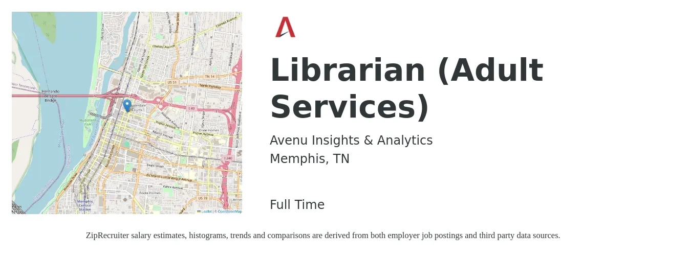 Avenu Insights & Analytics job posting for a Librarian (Adult Services) in Memphis, TN with a salary of $46,000 to $66,900 Yearly with a map of Memphis location.