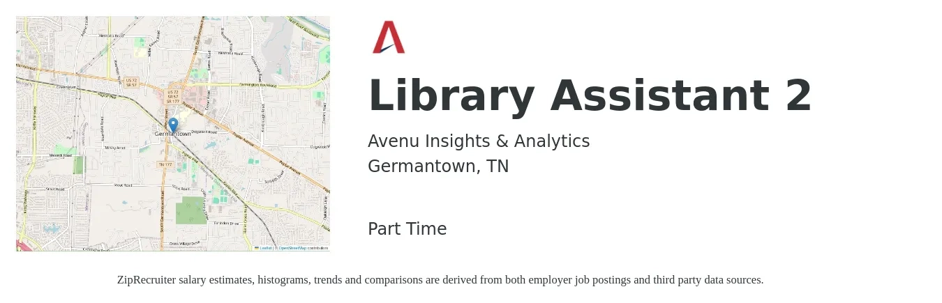 Avenu Insights & Analytics job posting for a Library Assistant 2 in Germantown, TN with a salary of $14 to $20 Hourly with a map of Germantown location.