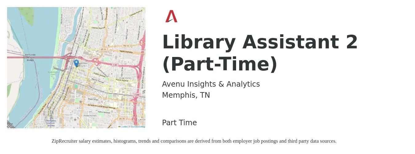 Avenu Insights & Analytics job posting for a Library Assistant 2 (Part-Time) in Memphis, TN with a salary of $14 to $20 Hourly with a map of Memphis location.