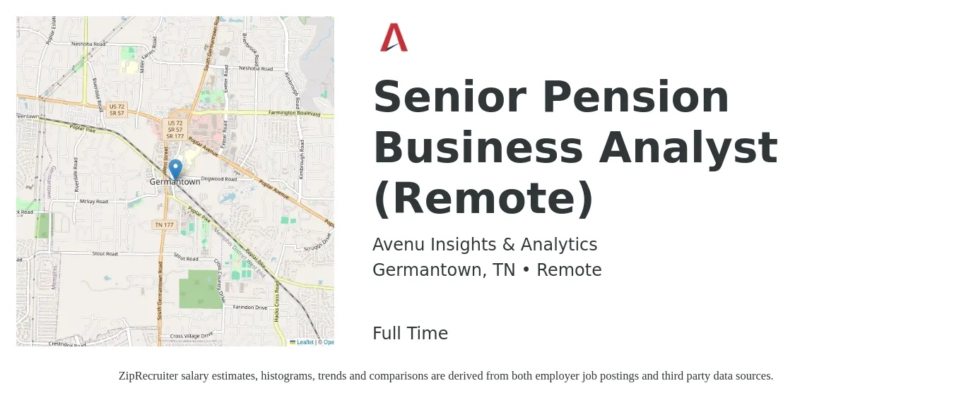 Avenu Insights & Analytics job posting for a Senior Pension Business Analyst (Remote) in Germantown, TN with a salary of $83,000 to $107,200 Yearly with a map of Germantown location.