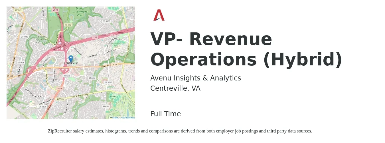 Avenu Insights & Analytics job posting for a VP- Revenue Operations (Hybrid) in Centreville, VA with a salary of $114,500 to $183,400 Yearly with a map of Centreville location.