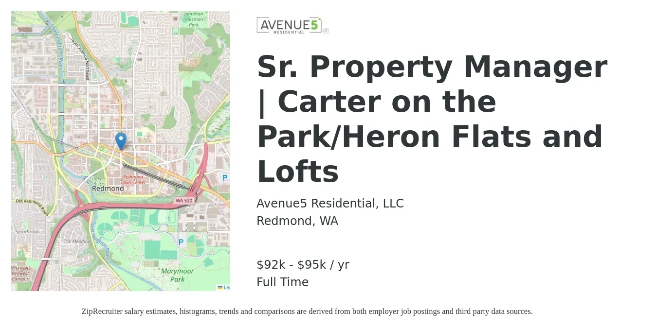 Avenue5 Residential, LLC job posting for a Sr. Property Manager | Carter on the Park/Heron Flats and Lofts in Redmond, WA with a salary of $92,000 to $95,000 Yearly with a map of Redmond location.