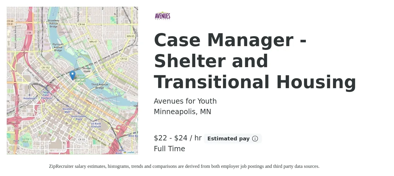 Avenues for Youth job posting for a Case Manager - Shelter and Transitional Housing in Minneapolis, MN with a salary of $24 to $26 Hourly with a map of Minneapolis location.