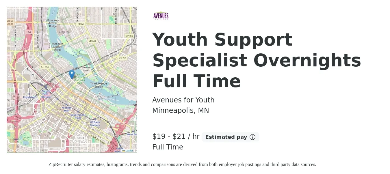 Avenues for Youth job posting for a Youth Support Specialist Overnights Full Time in Minneapolis, MN with a salary of $21 to $22 Hourly with a map of Minneapolis location.
