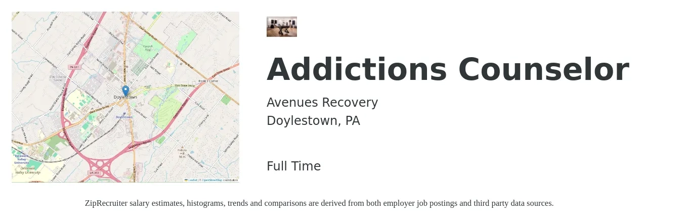 Avenues Recovery job posting for a Addictions Counselor in Doylestown, PA with a salary of $44,600 to $59,700 Yearly with a map of Doylestown location.