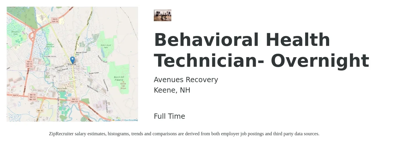 Avenues Recovery job posting for a Behavioral Health Technician- Overnight in Keene, NH with a salary of $16 to $20 Hourly with a map of Keene location.