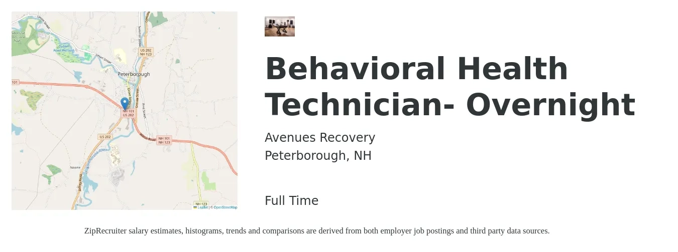 Avenues Recovery job posting for a Behavioral Health Technician- Overnight in Peterborough, NH with a salary of $17 to $20 Hourly with a map of Peterborough location.