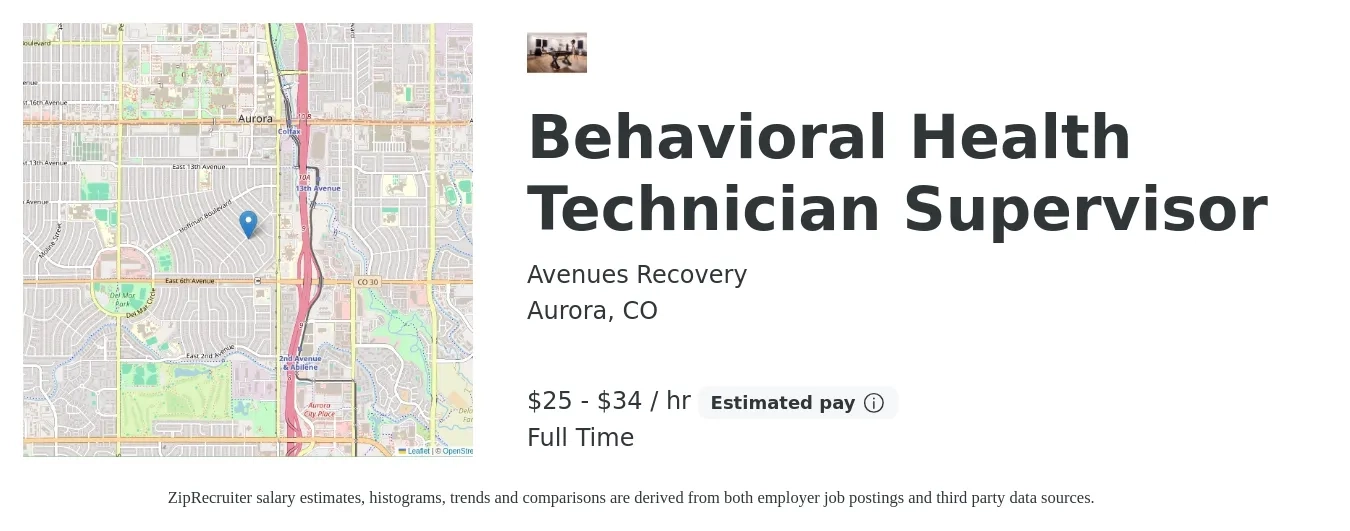 Avenues Recovery job posting for a Behavioral Health Technician Supervisor in Aurora, CO with a salary of $55,000 to $75,000 Yearly with a map of Aurora location.