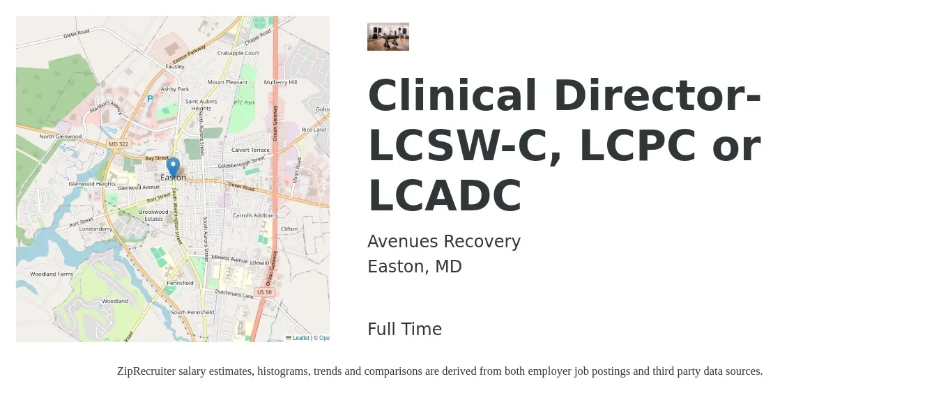 Avenues Recovery job posting for a Clinical Director- LCSW-C, LCPC or LCADC in Easton, MD with a salary of $81,100 to $110,500 Yearly with a map of Easton location.