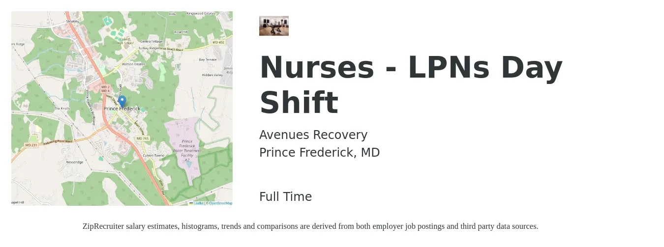 Avenues Recovery job posting for a Nurses - LPNs Day Shift in Prince Frederick, MD with a salary of $29 to $39 Hourly with a map of Prince Frederick location.