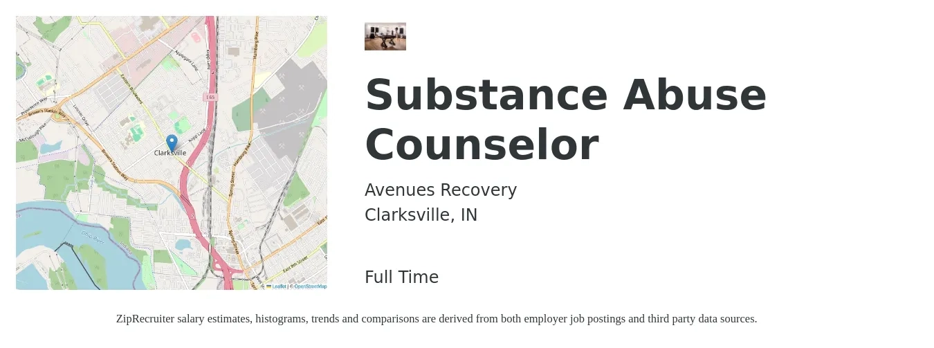 Avenues Recovery job posting for a Substance Abuse Counselor in Clarksville, IN with a salary of $20 to $27 Hourly with a map of Clarksville location.