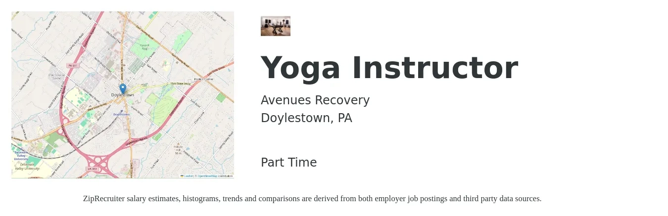 Avenues Recovery job posting for a Yoga Instructor in Doylestown, PA with a salary of $24 to $38 Hourly with a map of Doylestown location.