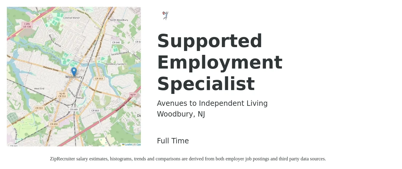 Avenues to Independent Living job posting for a Supported Employment Specialist in Woodbury, NJ with a salary of $41,100 to $77,800 Yearly with a map of Woodbury location.