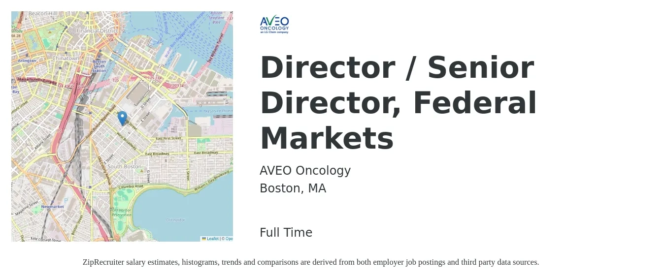 AVEO Oncology job posting for a Director / Senior Director, Federal Markets in Boston, MA with a salary of $55,900 to $152,600 Yearly with a map of Boston location.