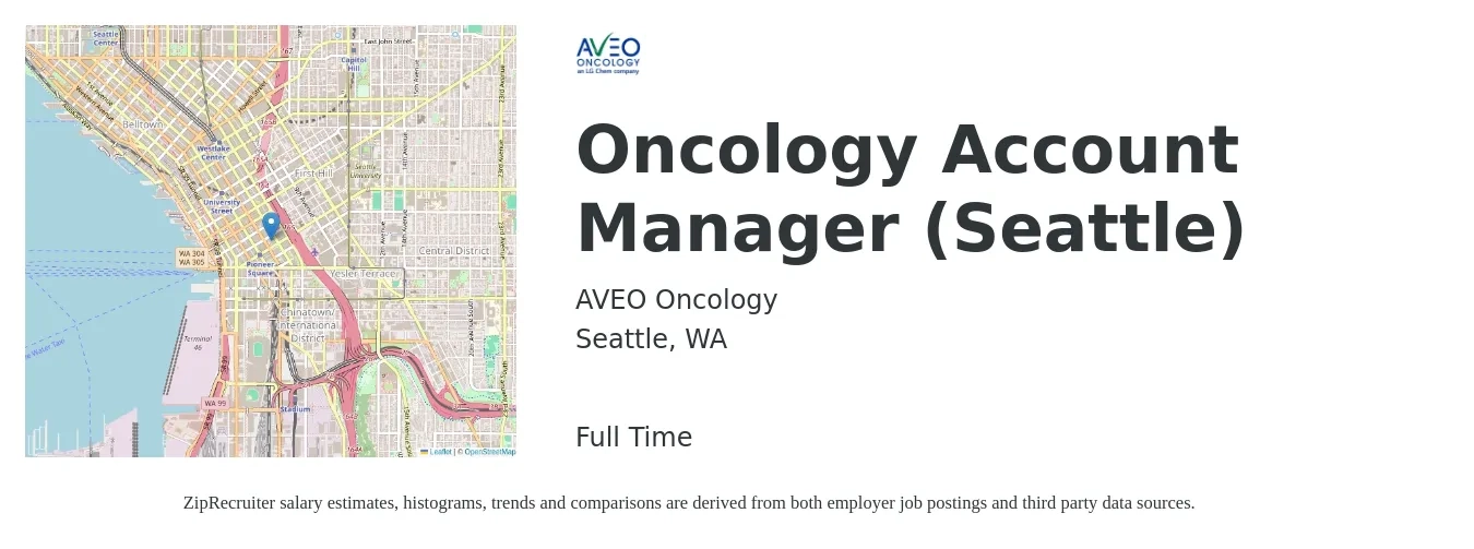 AVEO Oncology job posting for a Oncology Account Manager (Seattle) in Seattle, WA with a salary of $76,200 to $159,300 Yearly with a map of Seattle location.