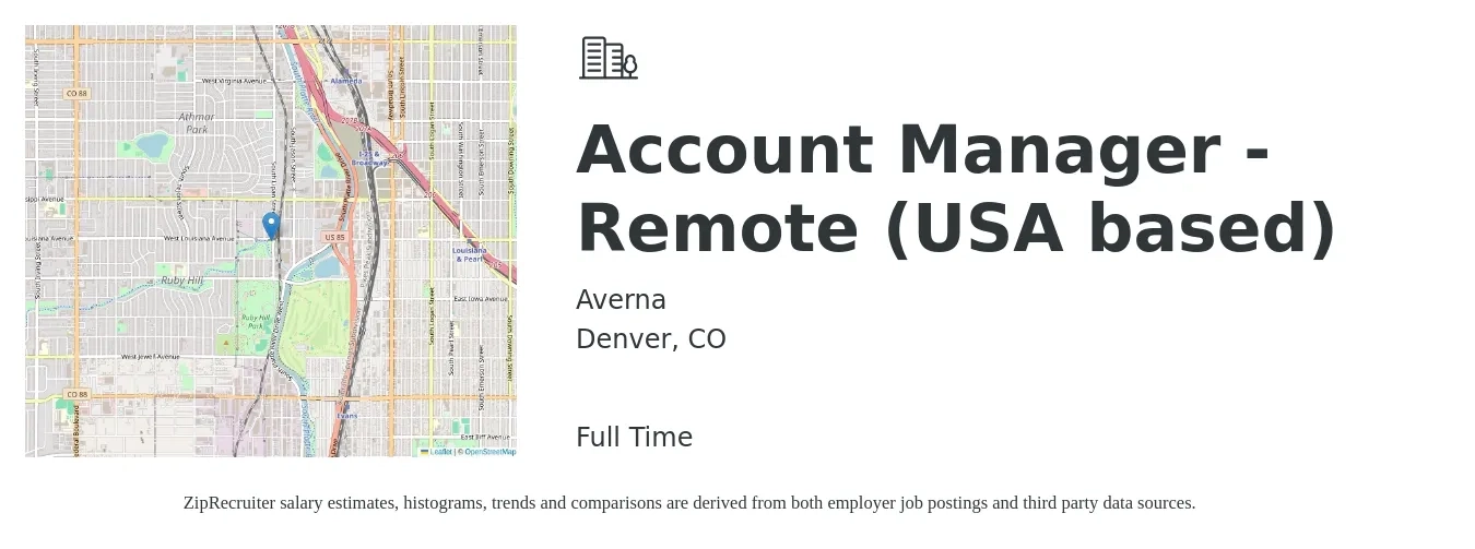 Averna job posting for a Account Manager - Remote (USA based) in Denver, CO with a salary of $48,200 to $78,900 Yearly with a map of Denver location.
