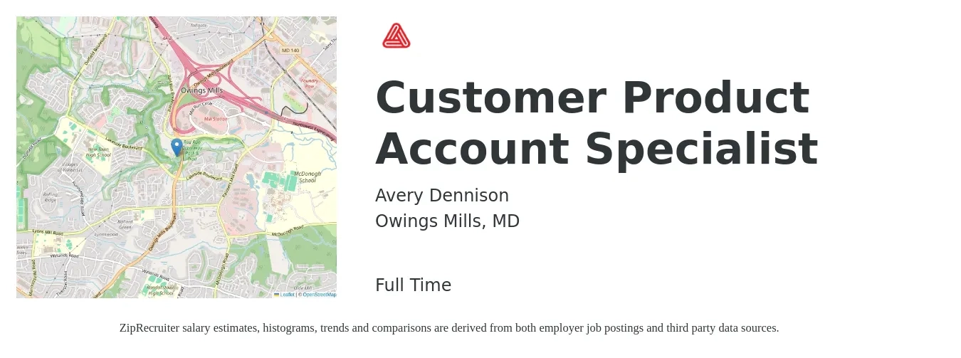Avery Dennison job posting for a Customer Product Account Specialist in Owings Mills, MD with a salary of $18 to $27 Hourly with a map of Owings Mills location.