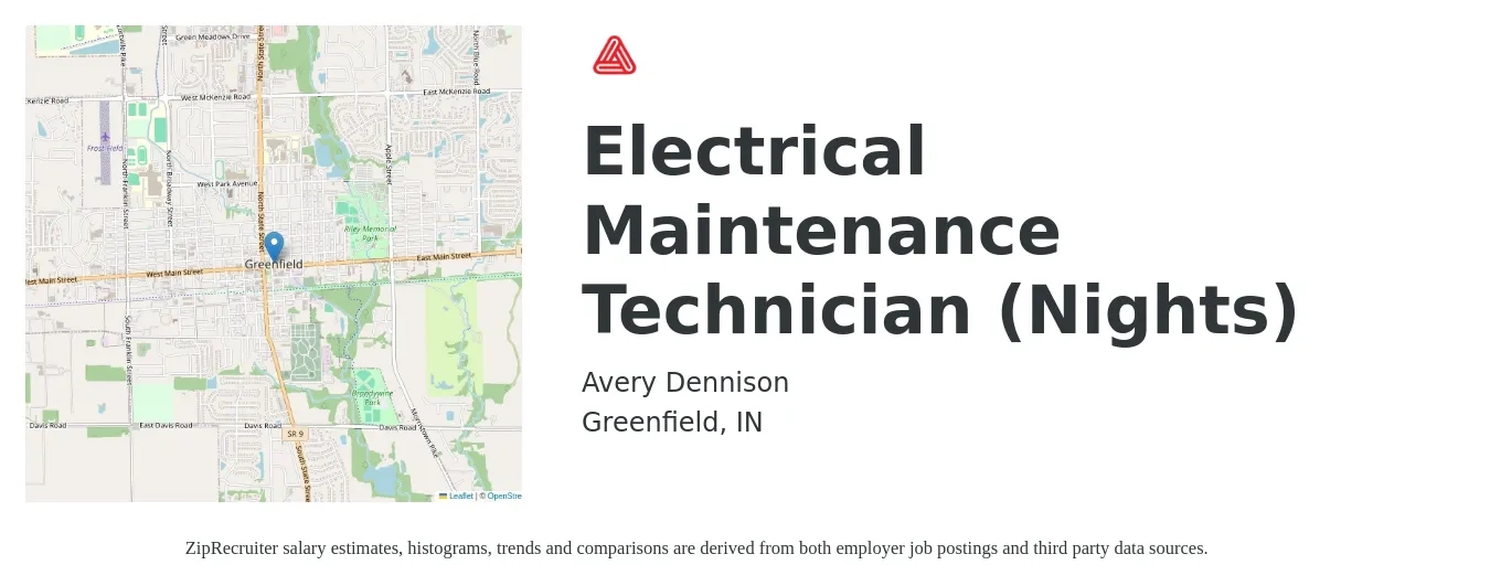 Avery Dennison job posting for a Electrical Maintenance Technician - Nights in Greenfield, IN with a salary of $37 Hourly with a map of Greenfield location.