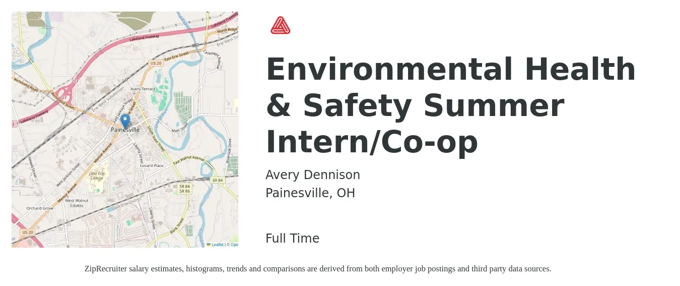 Avery Dennison job posting for a Environmental Health & Safety Summer Intern/Co-op in Painesville, OH with a salary of $15 to $19 Hourly with a map of Painesville location.