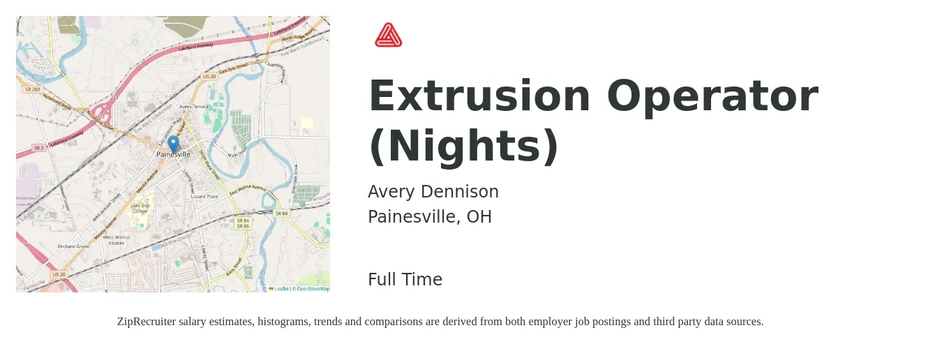 Avery Dennison job posting for a Extrusion Operator (Nights) in Painesville, OH with a salary of $15 to $19 Hourly with a map of Painesville location.