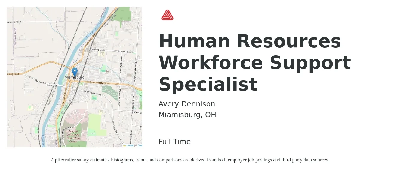 Avery Dennison job posting for a Human Resources Workforce Support Specialist in Miamisburg, OH with a salary of $49,400 to $59,200 Yearly with a map of Miamisburg location.