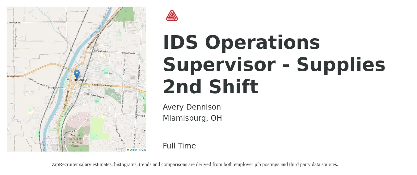 Avery Dennison job posting for a IDS Operations Supervisor - Supplies 2nd Shift in Miamisburg, OH with a salary of $45,300 to $66,900 Yearly with a map of Miamisburg location.